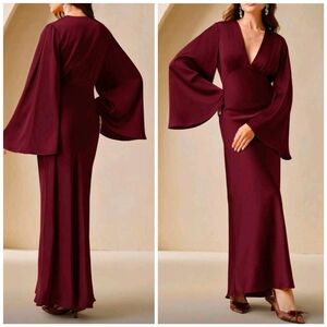 New Flowy Satin High Waist Flare Long Sleeve Maxi Dress Burgundy Red